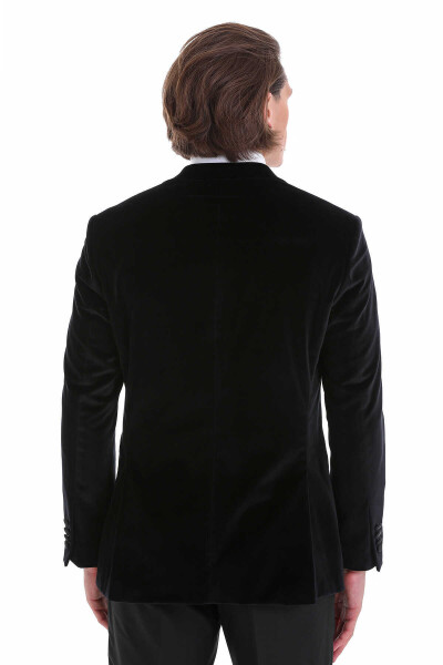 Siyah Slim Fit Sivri Yaka Kadife Klasik Damatlık - 7