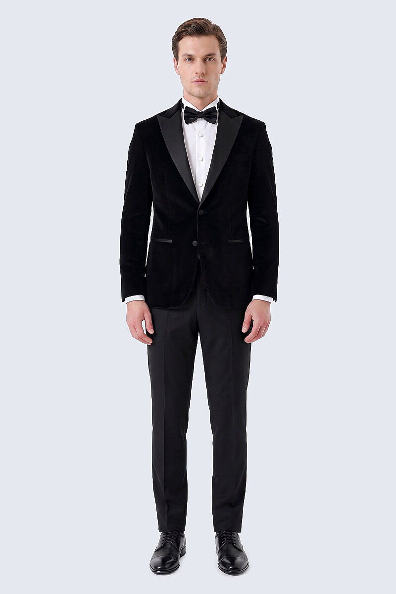 Siyah Slim Fit Sivri Yaka Kadife Klasik Damatlık