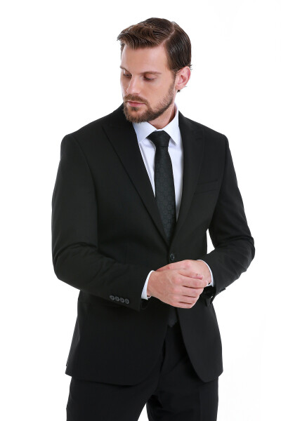 Siyah Slim Fit Sivri Yaka Klasik Takım Elbise - 4