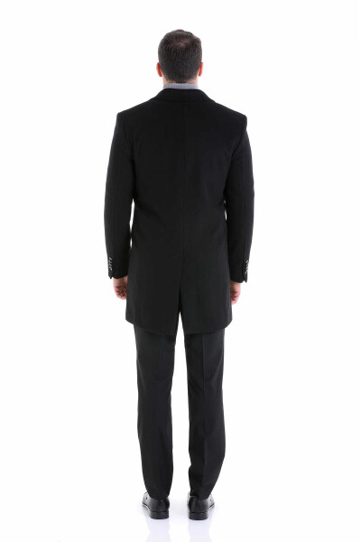 Siyah Regular Fit Sivri Yaka Yünlü Kruvaze Kaşe Palto - 8