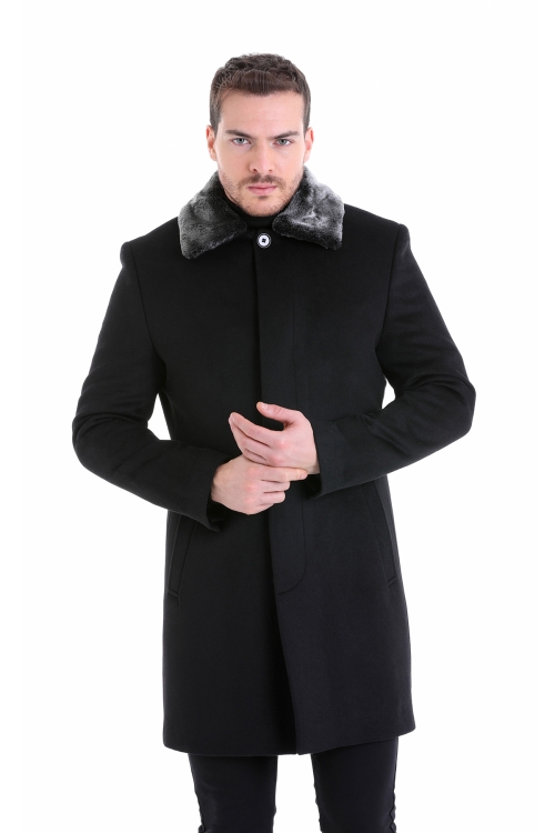 Hatem Saykı - Siyah Slim Fit Düz Sivri Yaka Yünlü Kaşe Palto