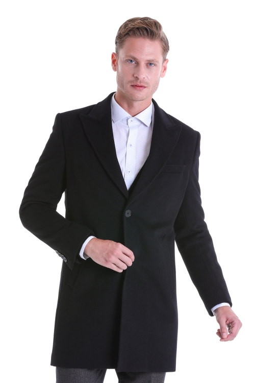 Hatem Saykı - Siyah Slim Fit Düz Sivri Yaka Yünlü Kaşe Palto