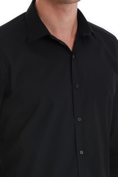 Siyah Slim Fit Slim Yaka Pamuklu Uzun Kollu Spor Gömlek - 5