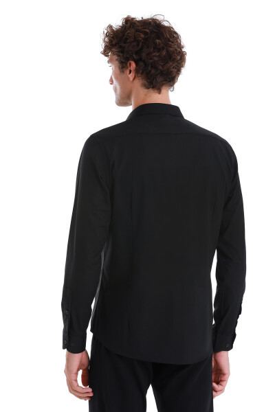 Siyah Slim Fit Slim Yaka Pamuklu Uzun Kollu Spor Gömlek - 6