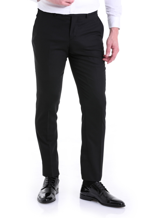 Hatem Saykı - Siyah Regular Fit Düz Yandan Cep Yünlü Kumaş Pantolon