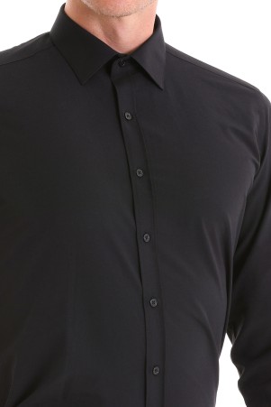 Siyah Slim Fit Düz Pamuklu Slim Yaka Uzun Kollu Klasik Gömlek - Thumbnail