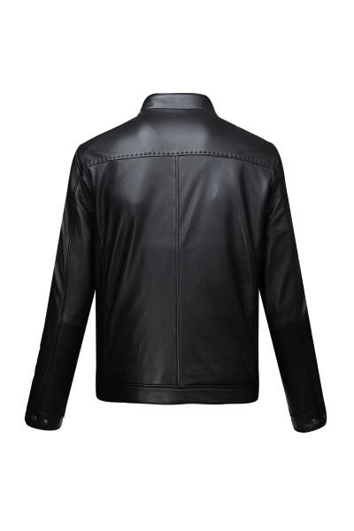 Siyah Slim Fit Hakim Yaka 100% Hakiki Deri Mont - 3