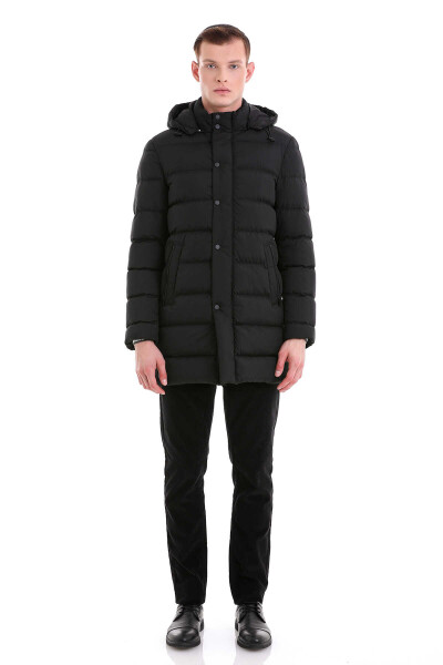 Siyah Slim Fit Hakim Yaka Kapüşonlu Basic Kaban - 2