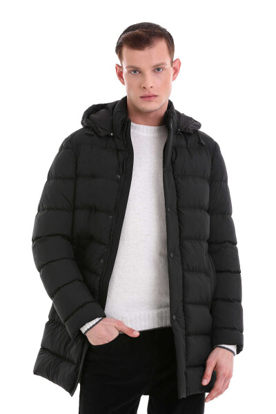 Siyah Slim Fit Hakim Yaka Kapüşonlu Basic Kaban - 3