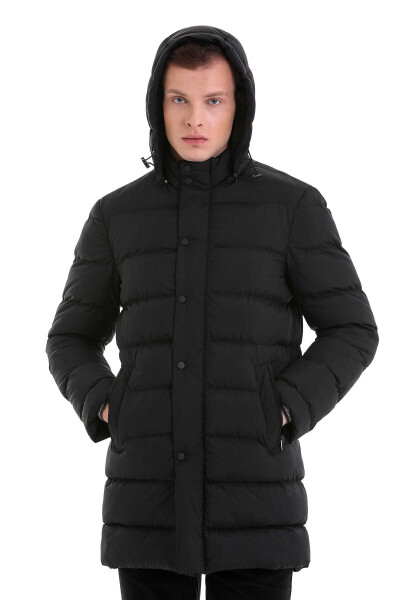 Siyah Slim Fit Hakim Yaka Kapüşonlu Basic Kaban - 4