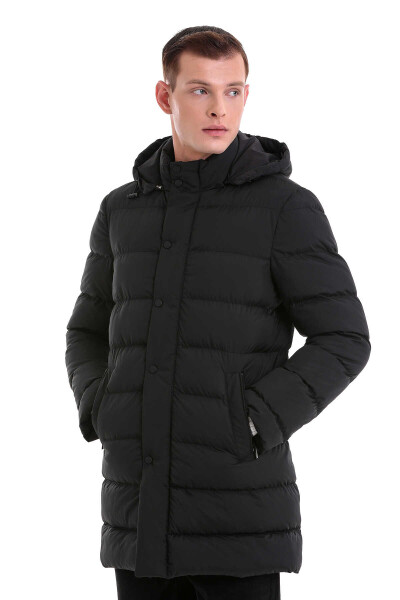 Siyah Slim Fit Hakim Yaka Kapüşonlu Basic Kaban - 5
