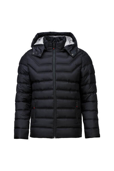 Siyah Slim Fit Hakim Yaka Kapüşonlu Şişme Mont - 1