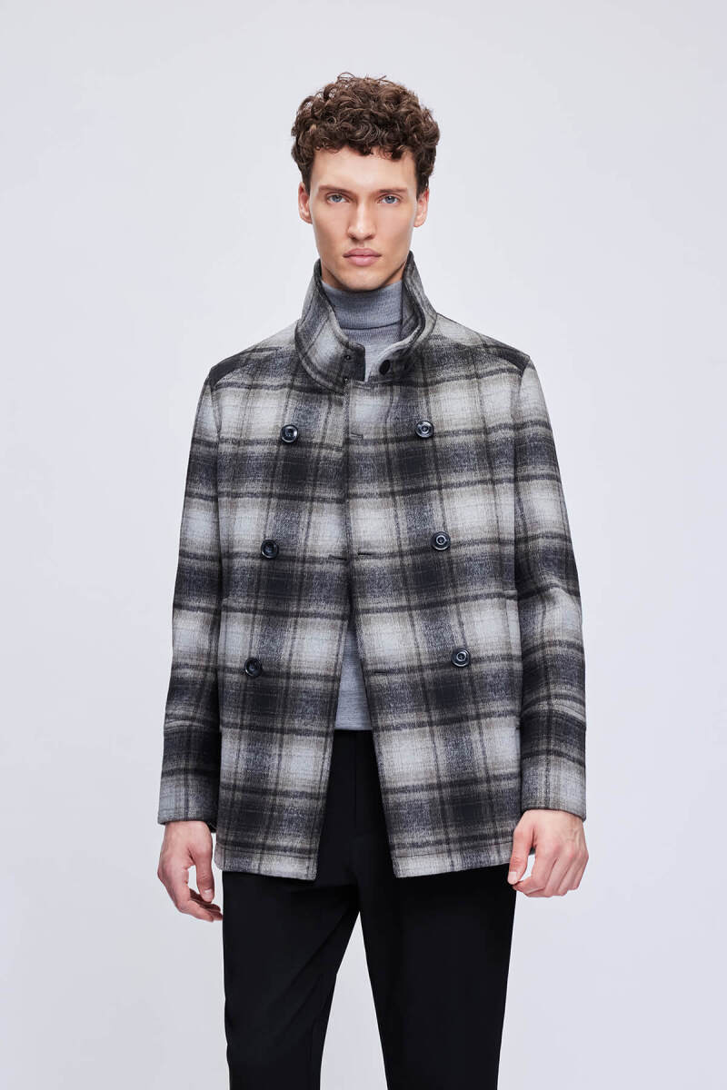 Siyah Slim Fit Hakim Yaka Kruvaze Yünlü Kaşe Kaban - Hatem Saykı