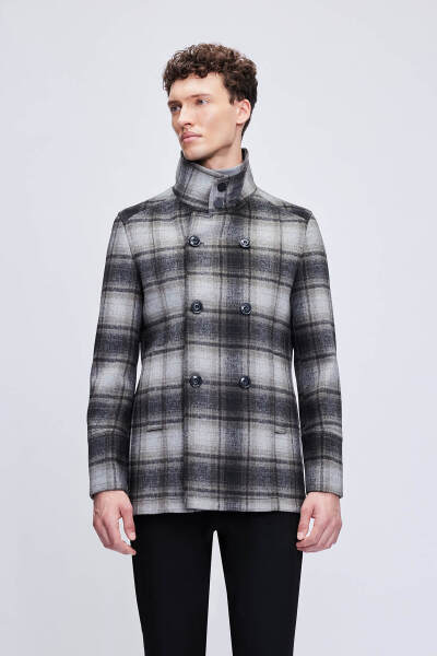 Siyah Slim Fit Hakim Yaka Kruvaze Yünlü Kaşe Kaban - 2