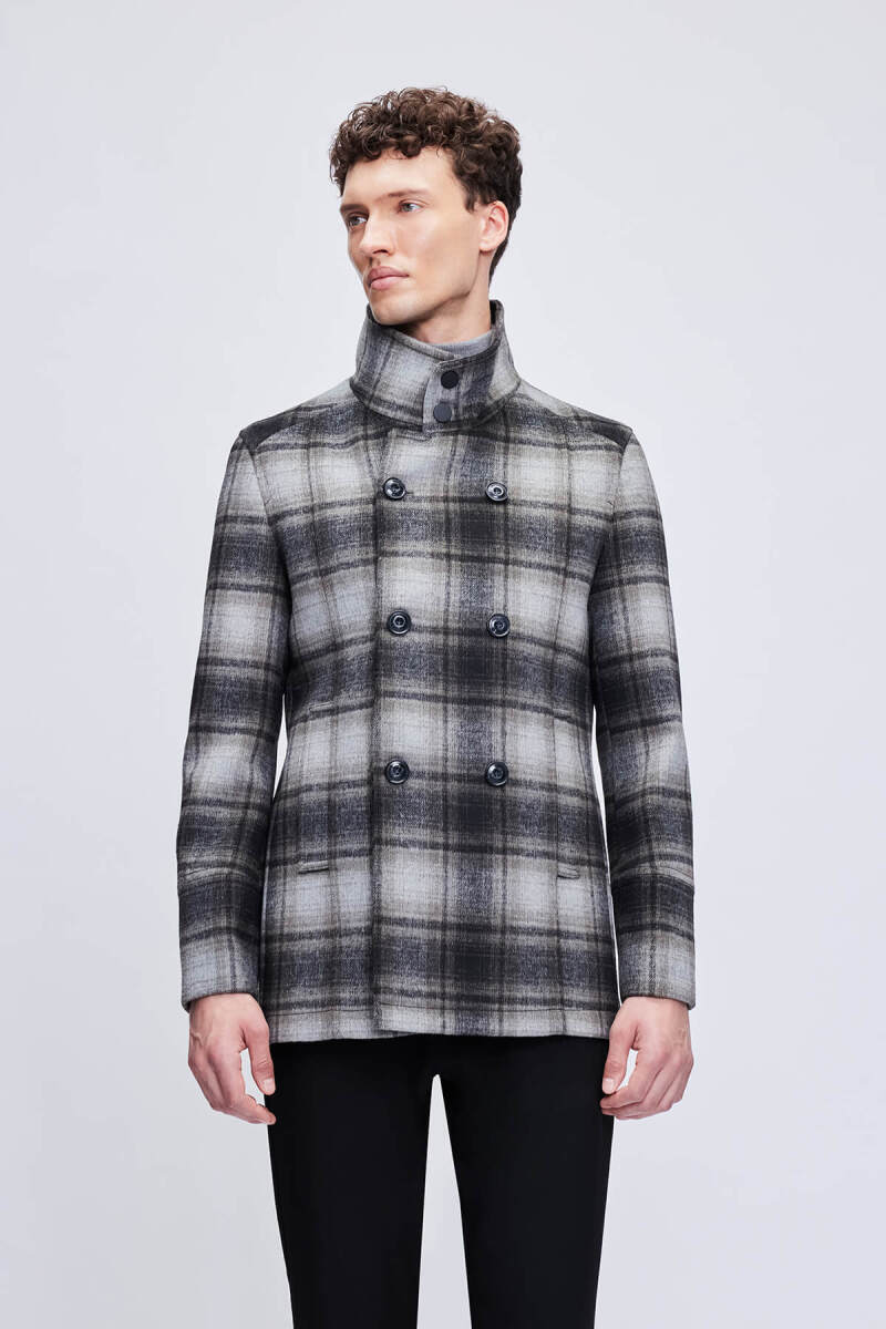 Siyah Slim Fit Hakim Yaka Kruvaze Yünlü Kaşe Kaban - Hatem Saykı (1)