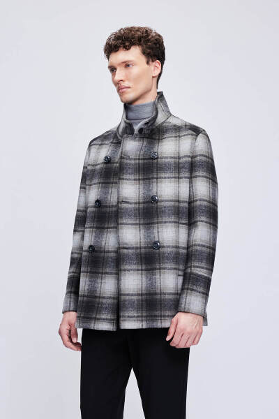 Siyah Slim Fit Hakim Yaka Kruvaze Yünlü Kaşe Kaban - 3