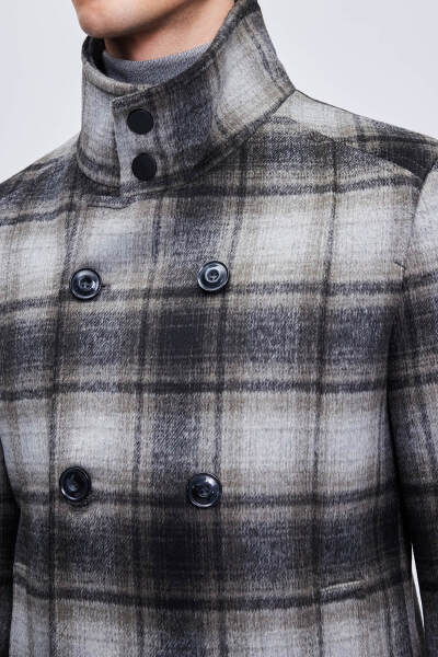 Siyah Slim Fit Hakim Yaka Kruvaze Yünlü Kaşe Kaban - 6