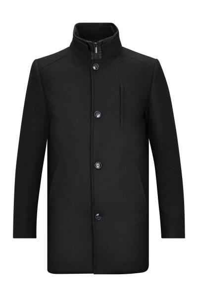 Siyah Slim Fit Hakim Yaka Yünlü Kaşe Palto - 1
