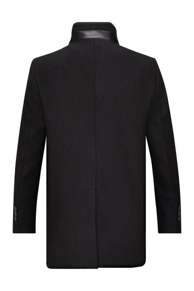 Siyah Slim Fit Hakim Yaka Yünlü Kaşe Palto - 2