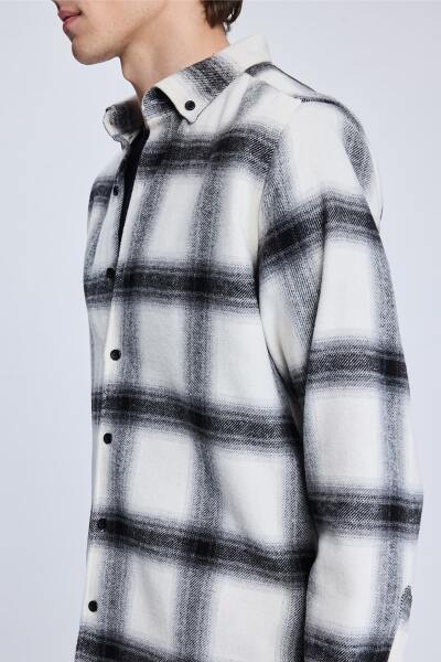 Siyah Slim Fit Kareli Düğmeli Yaka Uzun Kollu Pamuklu Gömlek - 4