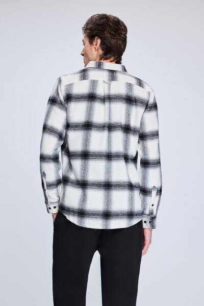 Siyah Slim Fit Kareli Düğmeli Yaka Uzun Kollu Pamuklu Gömlek - 5