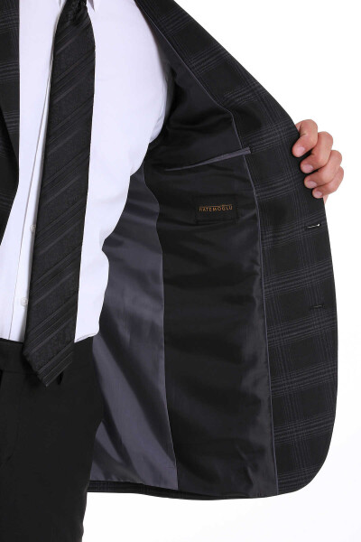 Siyah Slim Fit Kareli Mono Yaka Casual Takım Elbise - 7