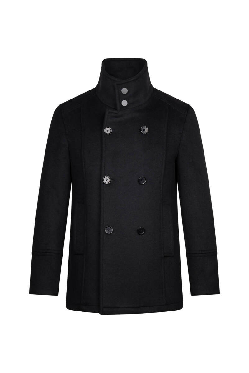 Siyah Slim Fit Kruvaze Yünlü Kaşe Kaban - Hatem Saykı