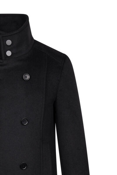 Siyah Slim Fit Kruvaze Yünlü Kaşe Kaban - 3