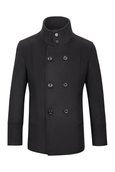 Siyah Slim Fit Kruvaze Yünlü Kaşe Kaban - 1