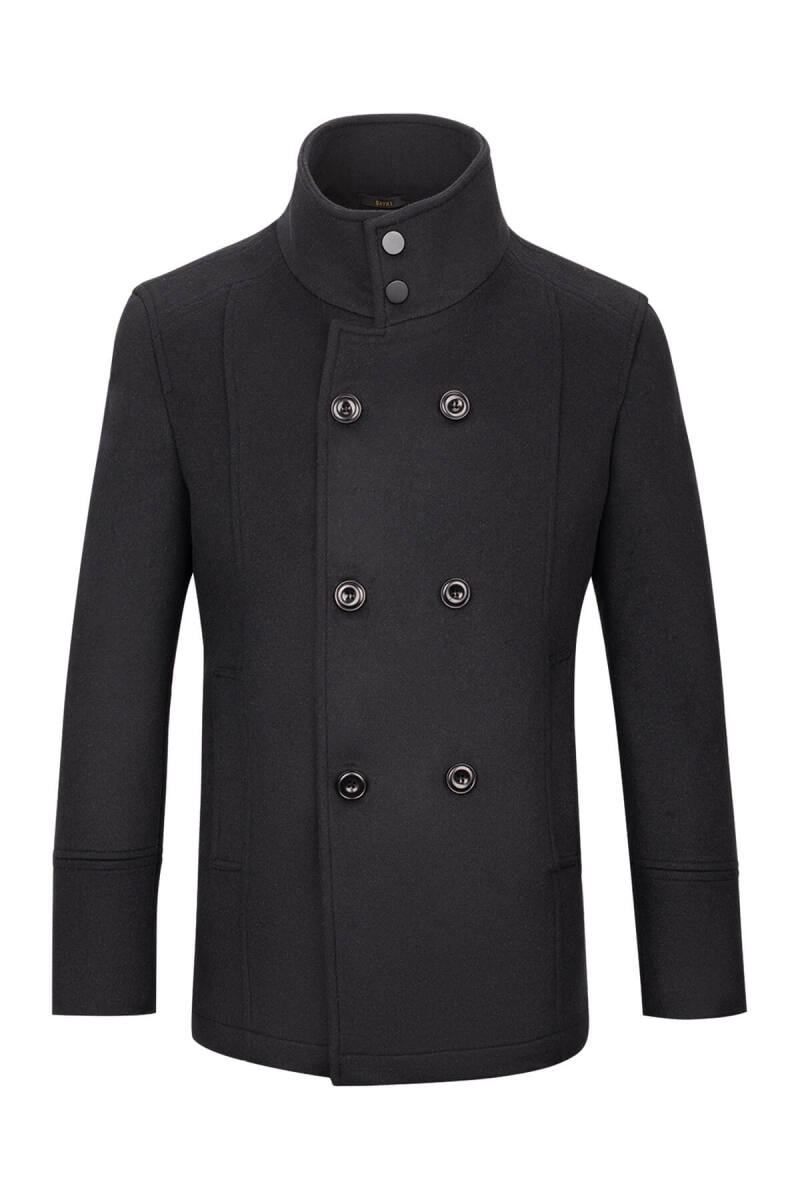 Siyah Slim Fit Kruvaze Yünlü Kaşe Kaban - Saykı