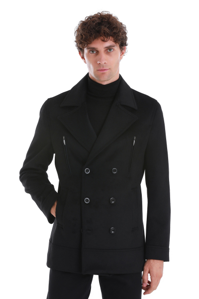 Siyah Slim Fit Kruvaze Yünlü Kaşe Kaban - 7