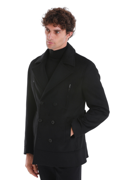 Siyah Slim Fit Kruvaze Yünlü Kaşe Kaban - 10