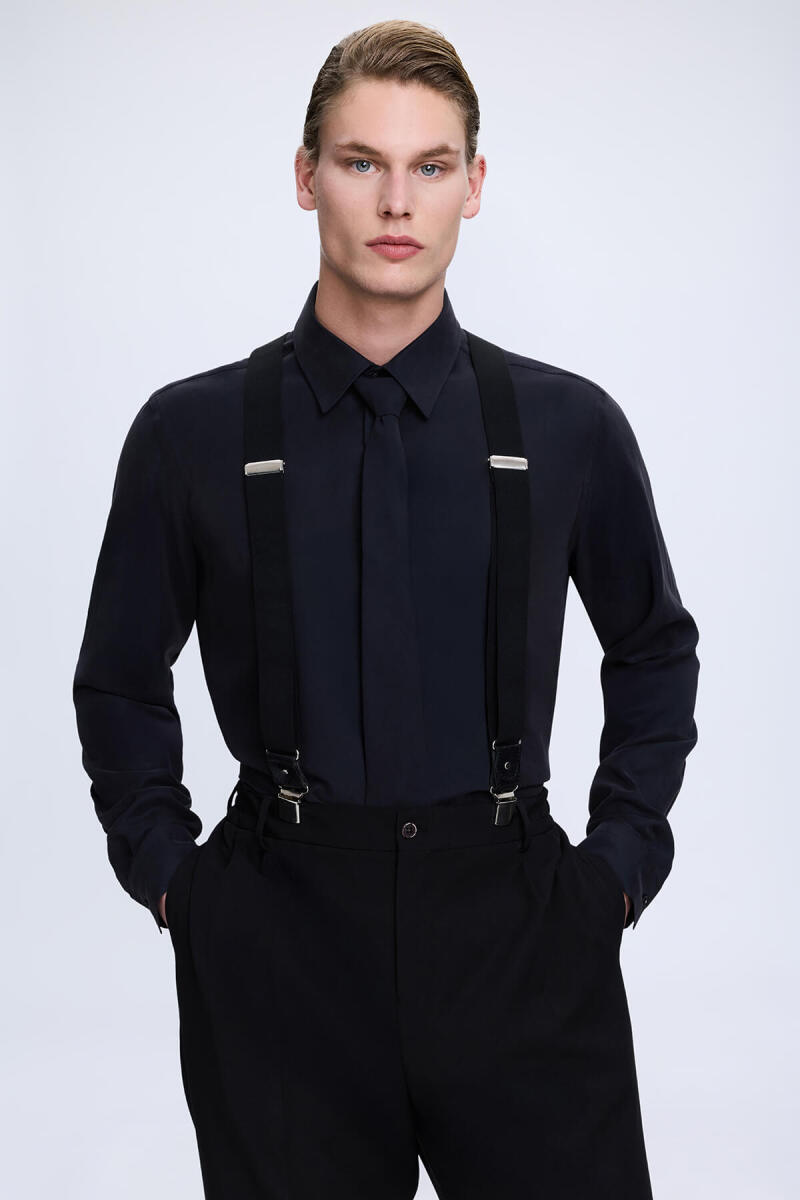 Siyah Slim Fit Slim Yaka Pamuklu Uzun Kollu Gömlek