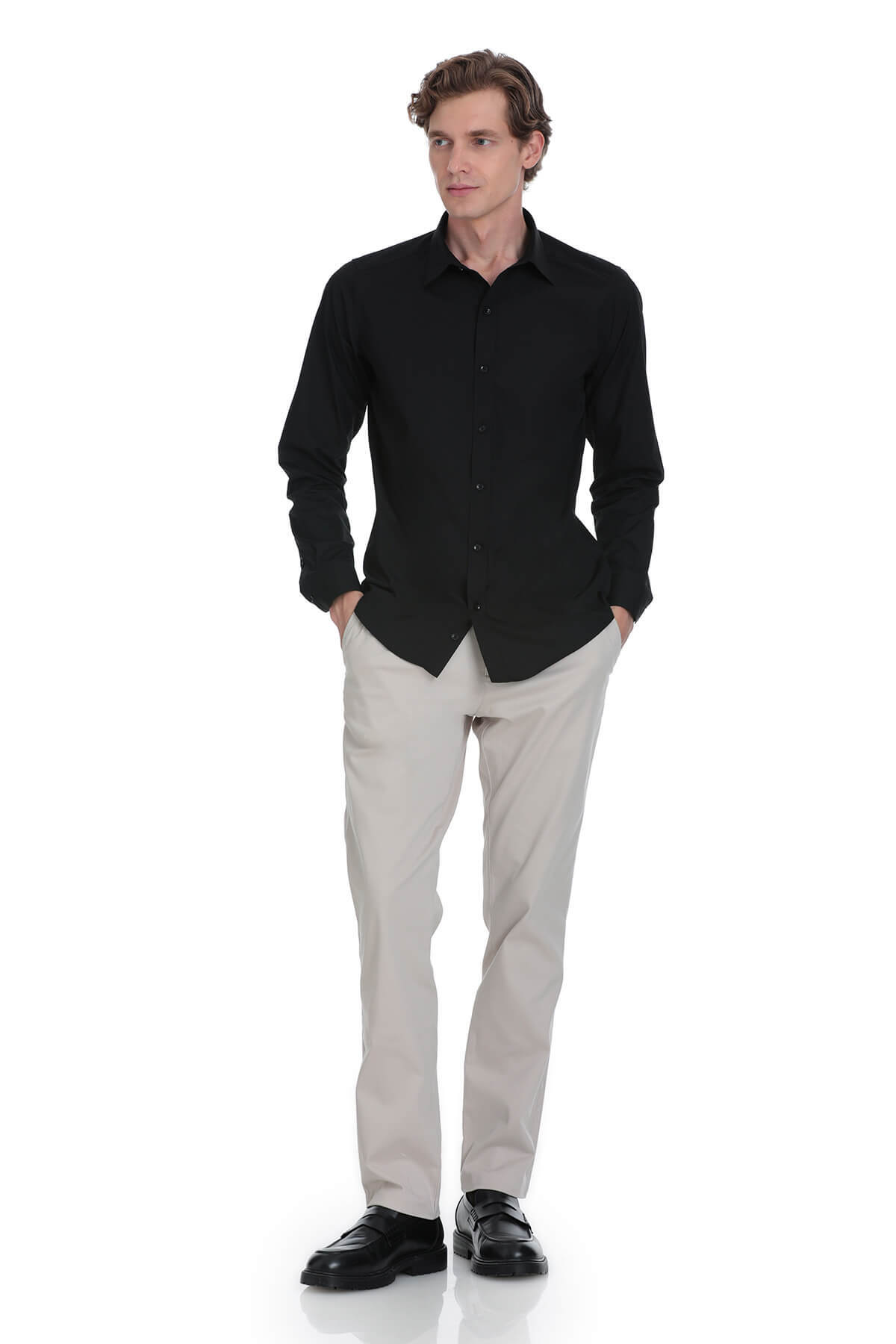 Siyah Slim Fit Slim Yaka Pamuklu Uzun Kollu Gömlek - 2