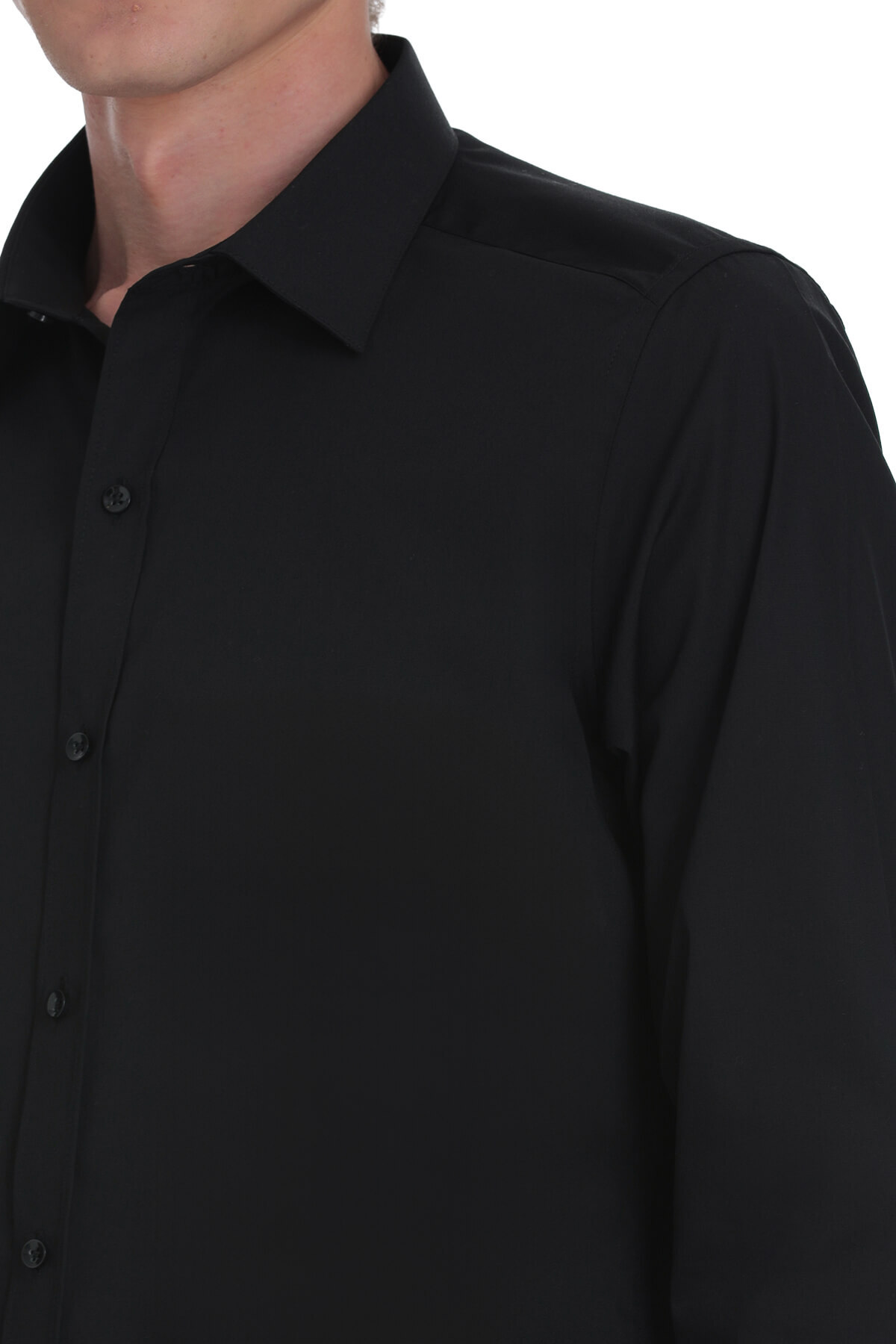 Siyah Slim Fit Slim Yaka Pamuklu Uzun Kollu Gömlek - 4