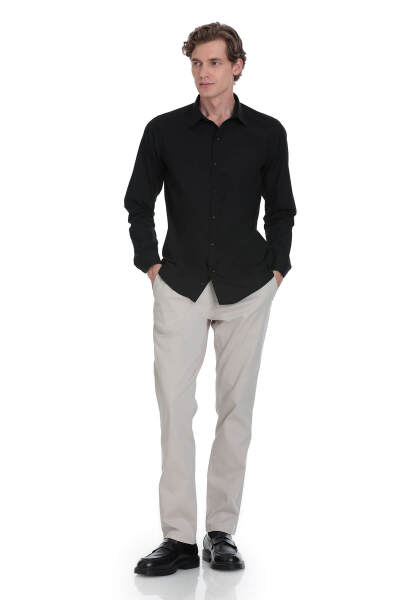 Siyah Slim Fit Slim Yaka Pamuklu Uzun Kollu Gömlek - 2