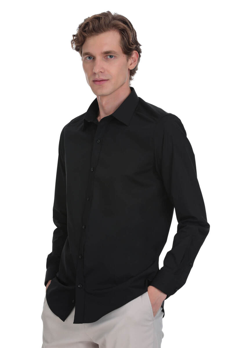 Siyah Slim Fit Slim Yaka Pamuklu Uzun Kollu Gömlek - Hatemoğlu (1)