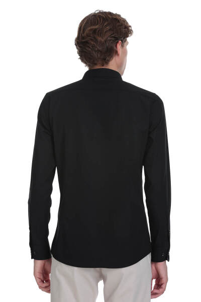 Siyah Slim Fit Slim Yaka Pamuklu Uzun Kollu Gömlek - 5