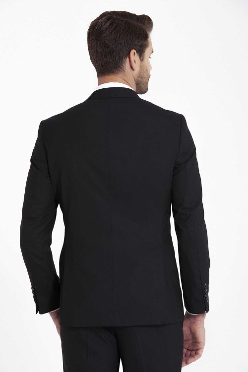 Siyah Slim Fit Düz Mono Yaka Klasik Takım Elbise - Thumbnail (3)