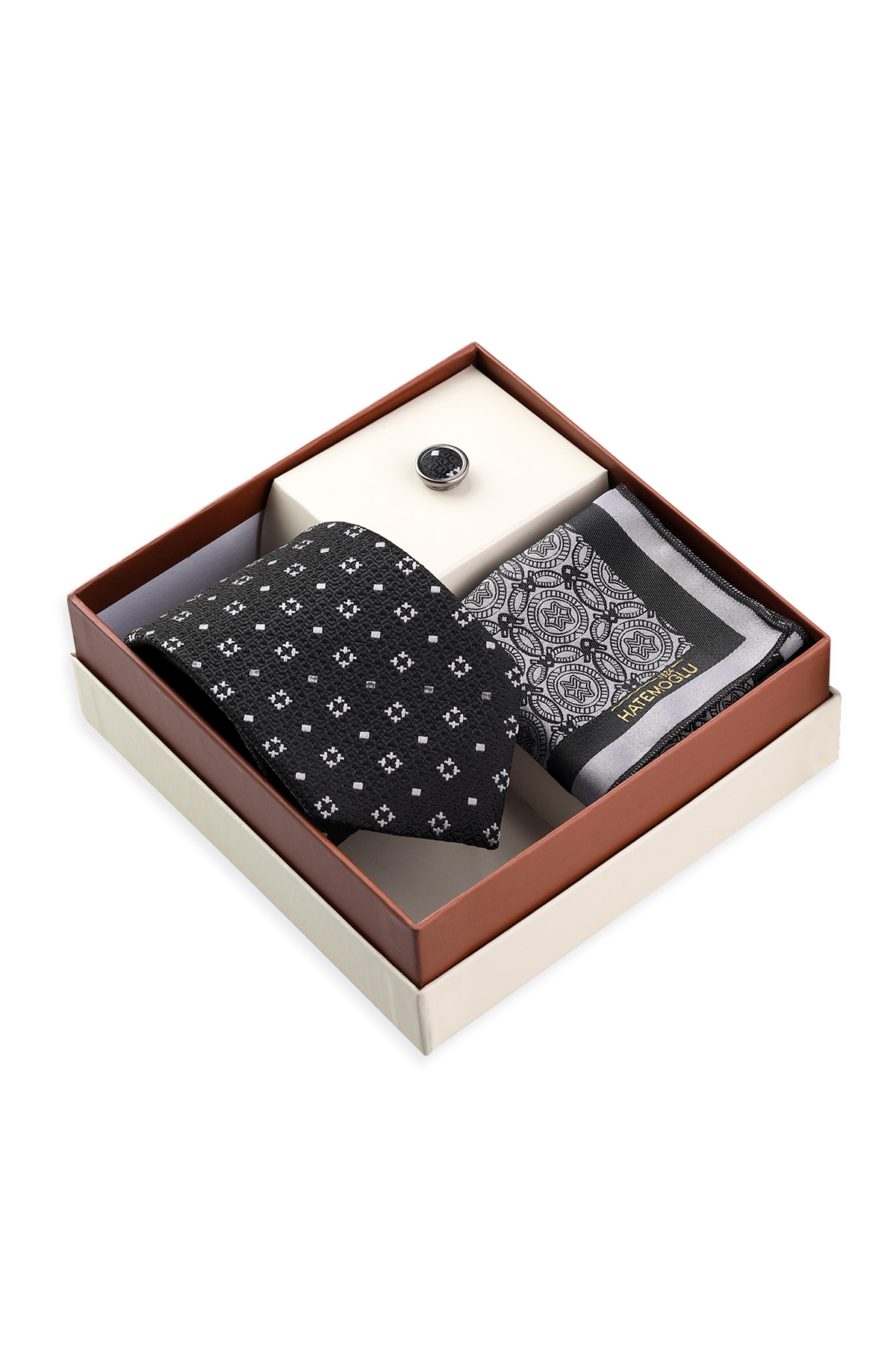 Siyah Üçlü Yaka Rozeti Kravat Mendil Set - 1