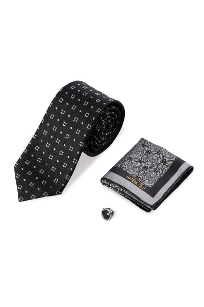 Siyah Üçlü Yaka Rozeti Kravat Mendil Set - 3