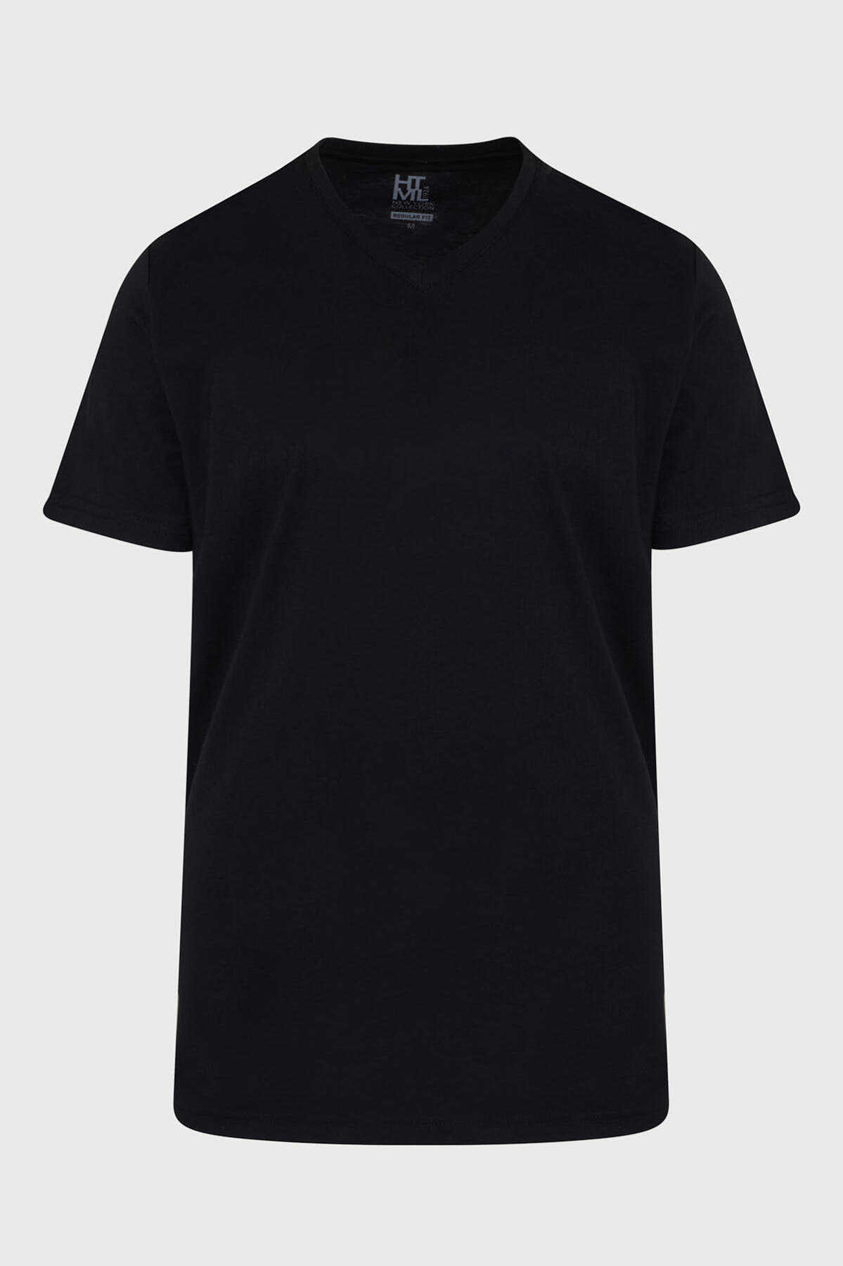 Siyah ve Beyaz Regular Fit %100 Pamuk V Yaka İkili Paket Basic Tişört - 1