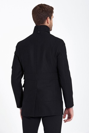Siyah Yaka Detaylı Yünlü Palto - Thumbnail