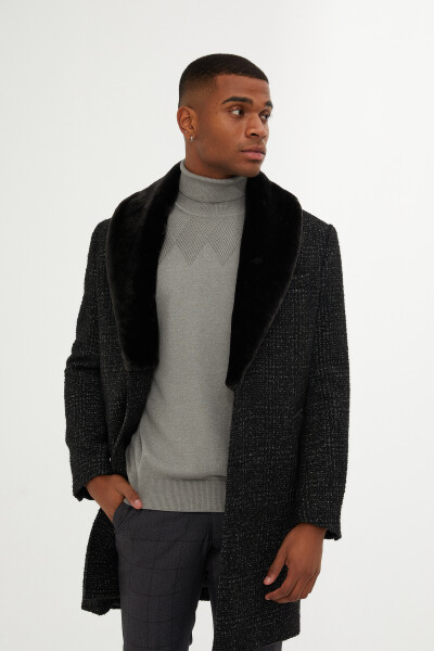 Siyah Yaka Kürk Detaylı Yünlü Palto - 2