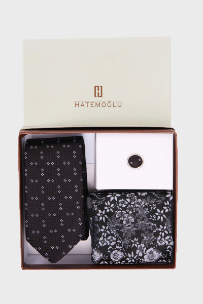 Siyah Yaka Pimi Kravat Mendil Set - 2