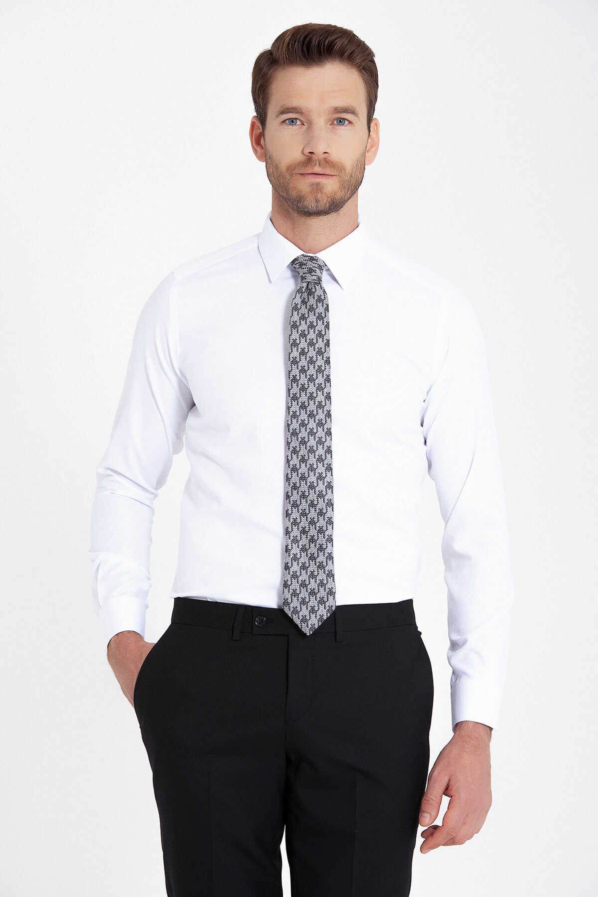 Beyaz Slim Fit Armürlü Gömlek - 1