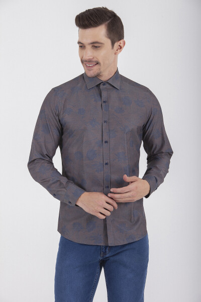 Kahverengi Slim Fit Baskılı Pamuklu Uzun Kol Spor Gömlek - 2