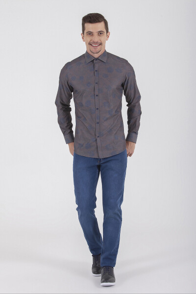 Kahverengi Slim Fit Baskılı Pamuklu Uzun Kol Spor Gömlek - 3