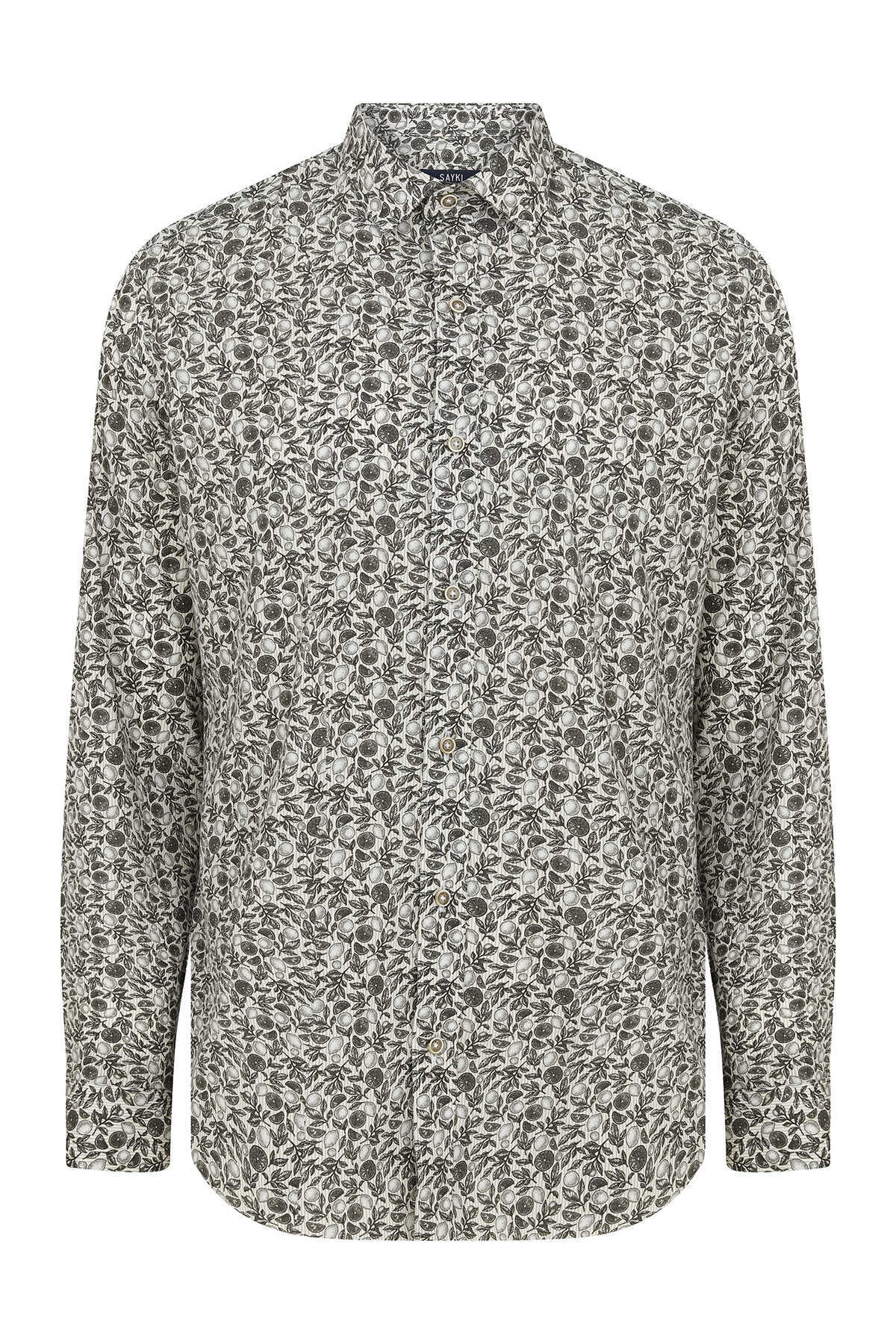 Kahverengi Slim Fit Baskılı 100% Pamuk Uzun Kol Spor Gömlek - 1