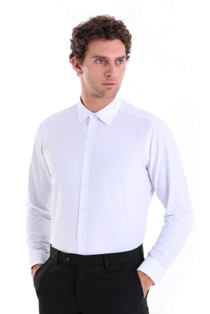 Beyaz Slim Fit Düz Pamuklu Slim Yaka Uzun Kollu Klasik Gömlek - Thumbnail